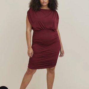 BOATNECK RUCHED MINI DRESS - STUDIO KNIT BURGUNDY